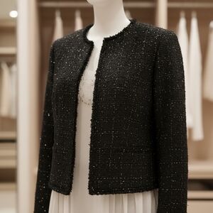 Calvin Klein Black Metallic Bouclé Jacket w/Frayed Hem & Pockets – Size 12